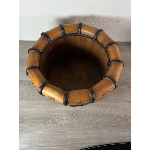 Vintage Rustic Wood & Leather Laced Basket Handcrafted Planter Bowl 16” Diameter - Picture 2 of 7